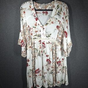 Umgee Floral Boho Tunic Dress XL Ivory Lace Trim Flowy Peasant Mini